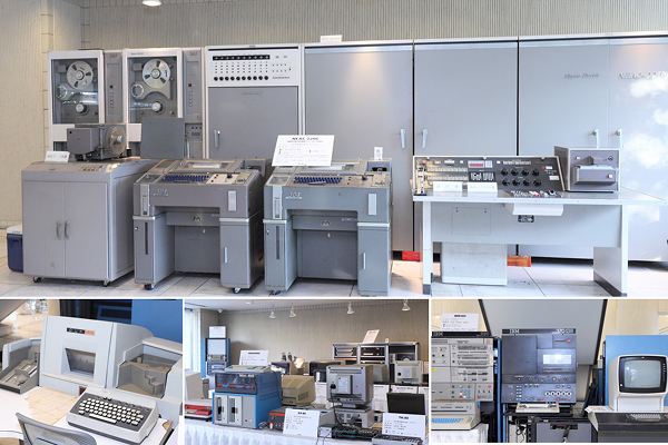 写真：KCGコンピュータミュージアムの展示。大型メインフレームや磁気テープ装置、操作卓などのレトロなコンピュータ機器が並んでいる。（コラージュ写真）