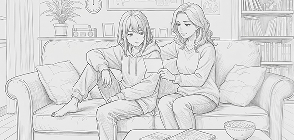 写真をみる遥と母