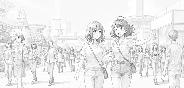 万博へ向かう遥と亜紀