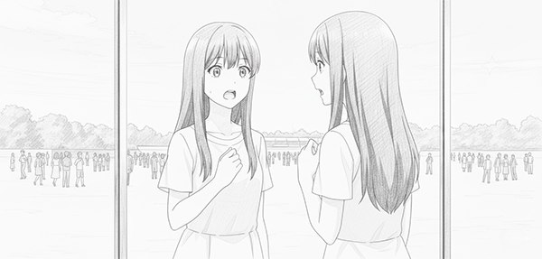 ガラスに映る自分の姿を見る遥