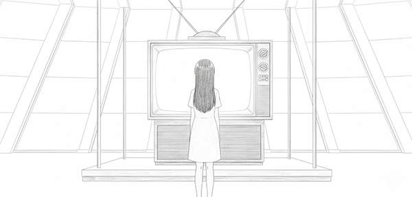 大きなテレビの前に立つ遥